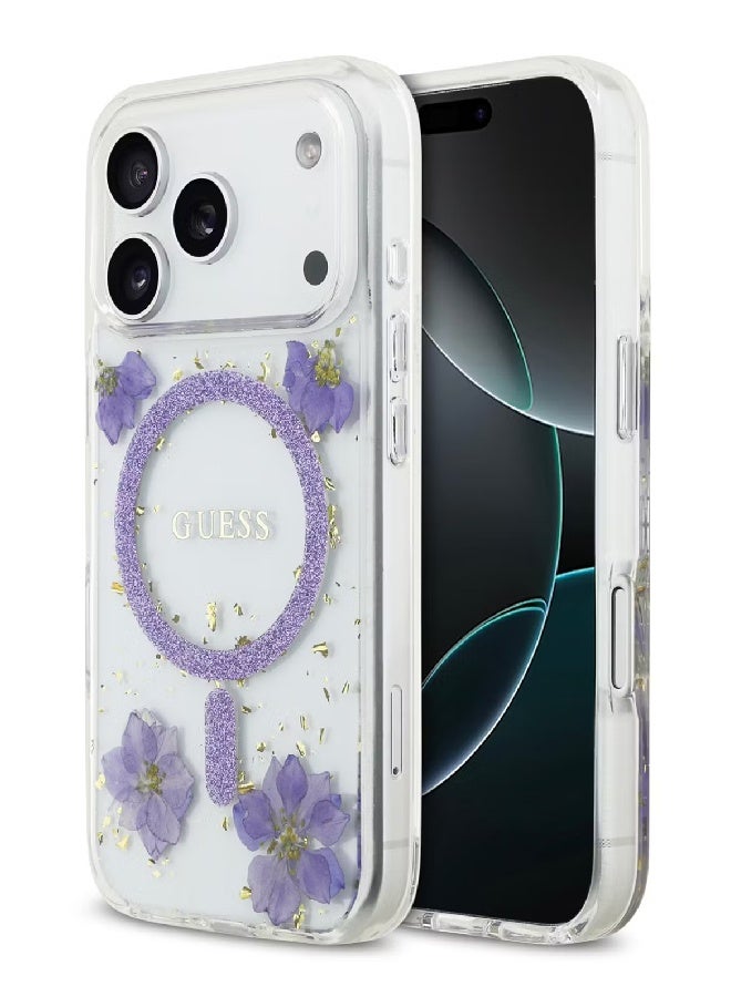 Guess MagSafe Resin Case with Flowers & Glitter Pattern for iPhone 17 Pro - Purple - Image 1